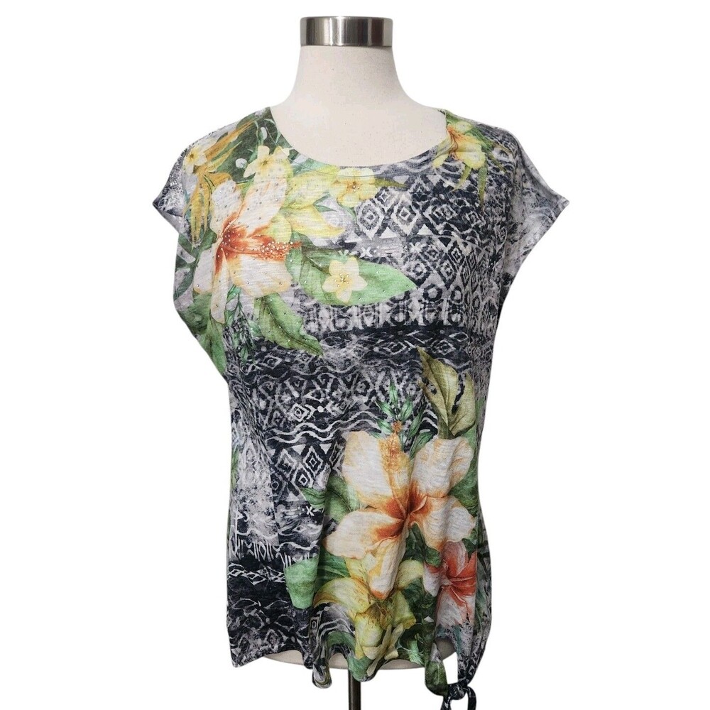 Time And Tru Women Top XL Green Gray Floral Pullover Crochet Back Tie Hem Cap Sl